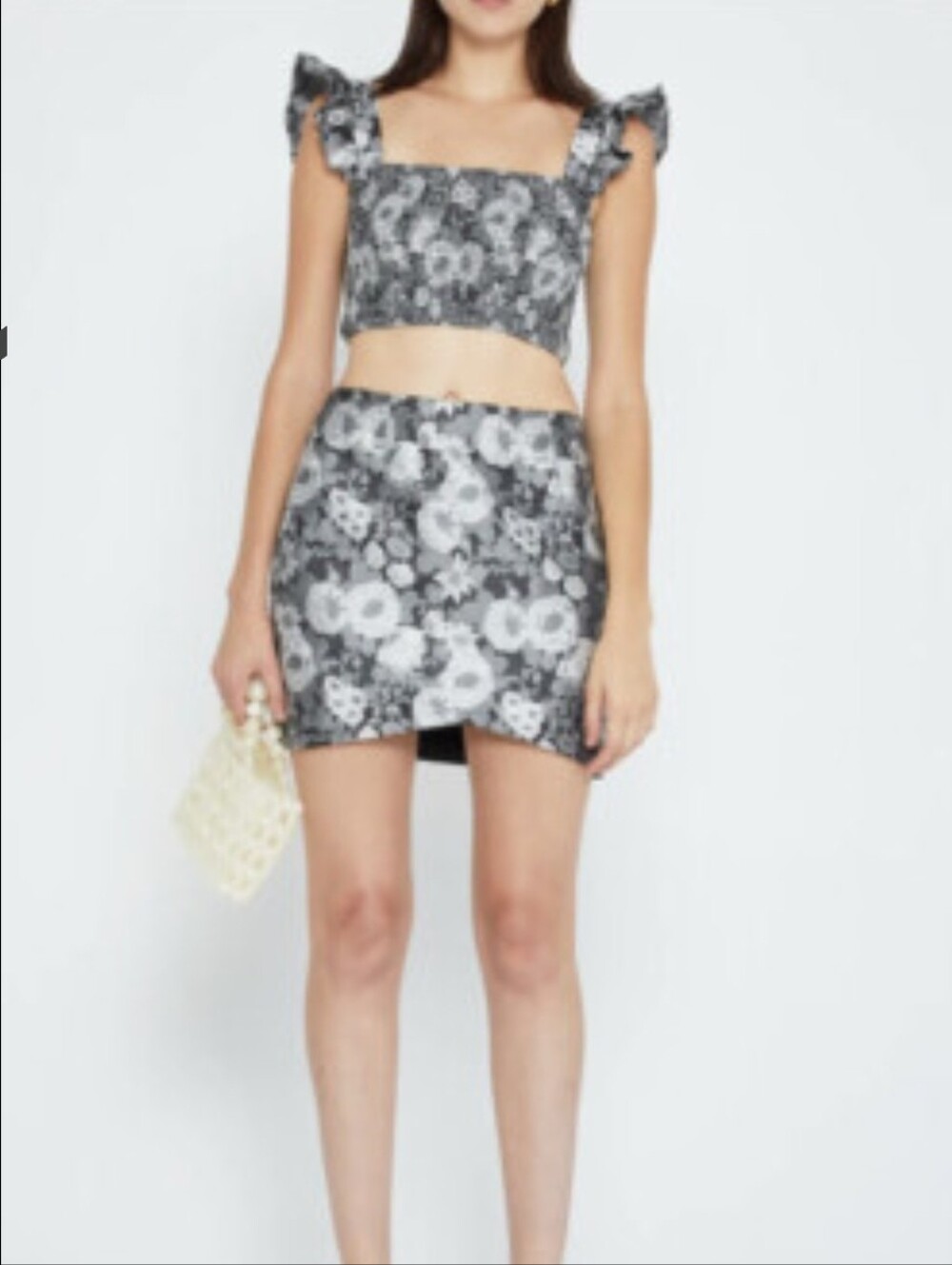 Floral Jacquard Mini Skirt Set - Black & Silver/White